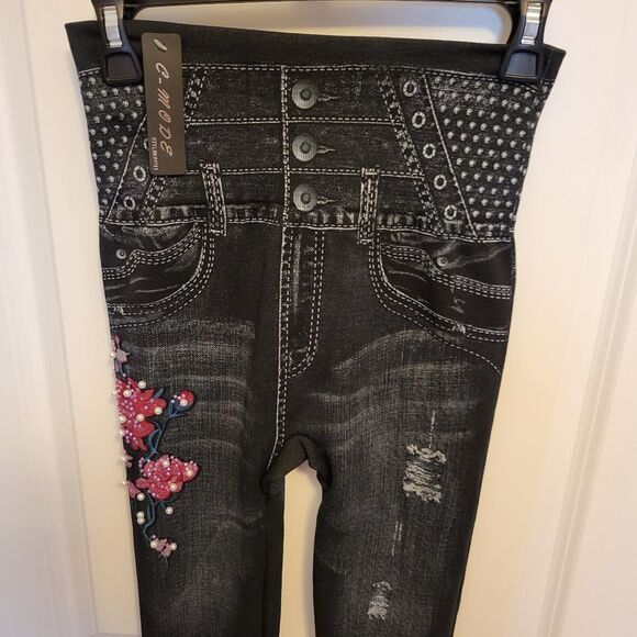 Floral Pearl Embellished Denim Color Distressed Jeggings Leggings - Picture 2 of 8